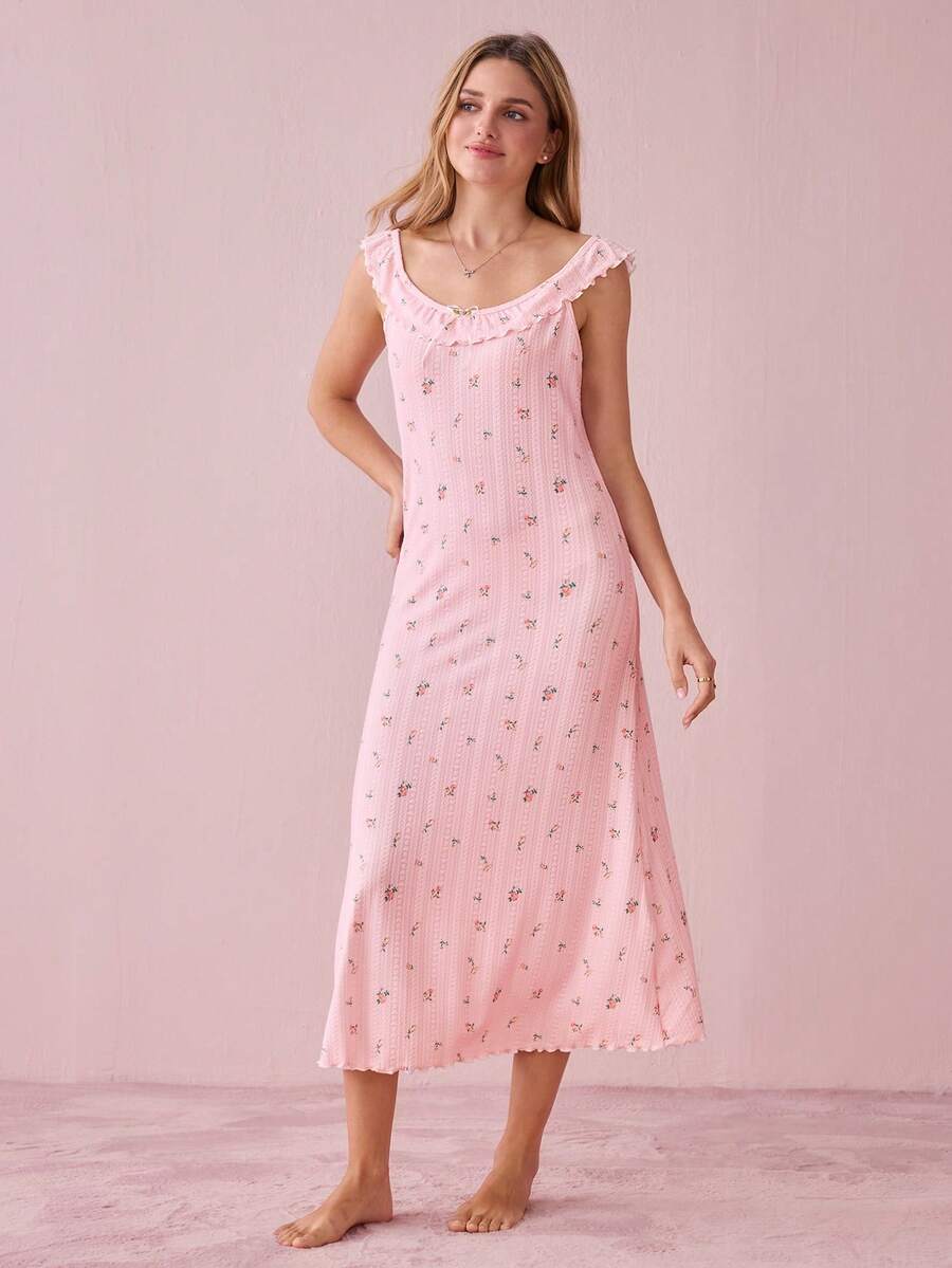 Bonmuse Women's Floral Jacquard Knit Nightgown With Ruffle Trim And Bow Decor Bountiful Floral Splendor Cozy And Elegant Detailsfor Summer - Pink - View 1