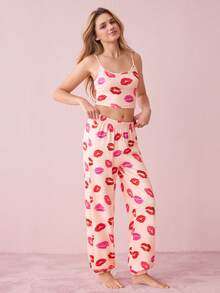 唇印吊带背心和裤子 睡衣套装 / 睡衣套装 - 杏色 - 查看 4