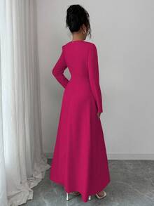 Elenzga Women's Solid Color Round Neck Pleated Elegant Long Sleeve Dress - Hot Pink - View 2