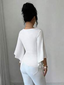 Elenzga Áo thun nữ dệt kim cổ đính ngọc trai, vạt xéo, tay lỡ 3/4, dáng ôm vừa vặn, thanh lịch, thích hợp đi làm, đi nghỉ mát, dự tiệc, ăn tối, dạo phố, mùa xuân/hè. - trắng - Xem 2