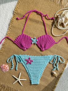 Swim Mod 2pcs/Set Women's Light Blue,Summer,Cute,Beach Vacation,Holiday,Holiday Crochet Starfish & Shell Pattern Spaghetti Strap Backless Bikini Cover Up Set - Purple - View 1