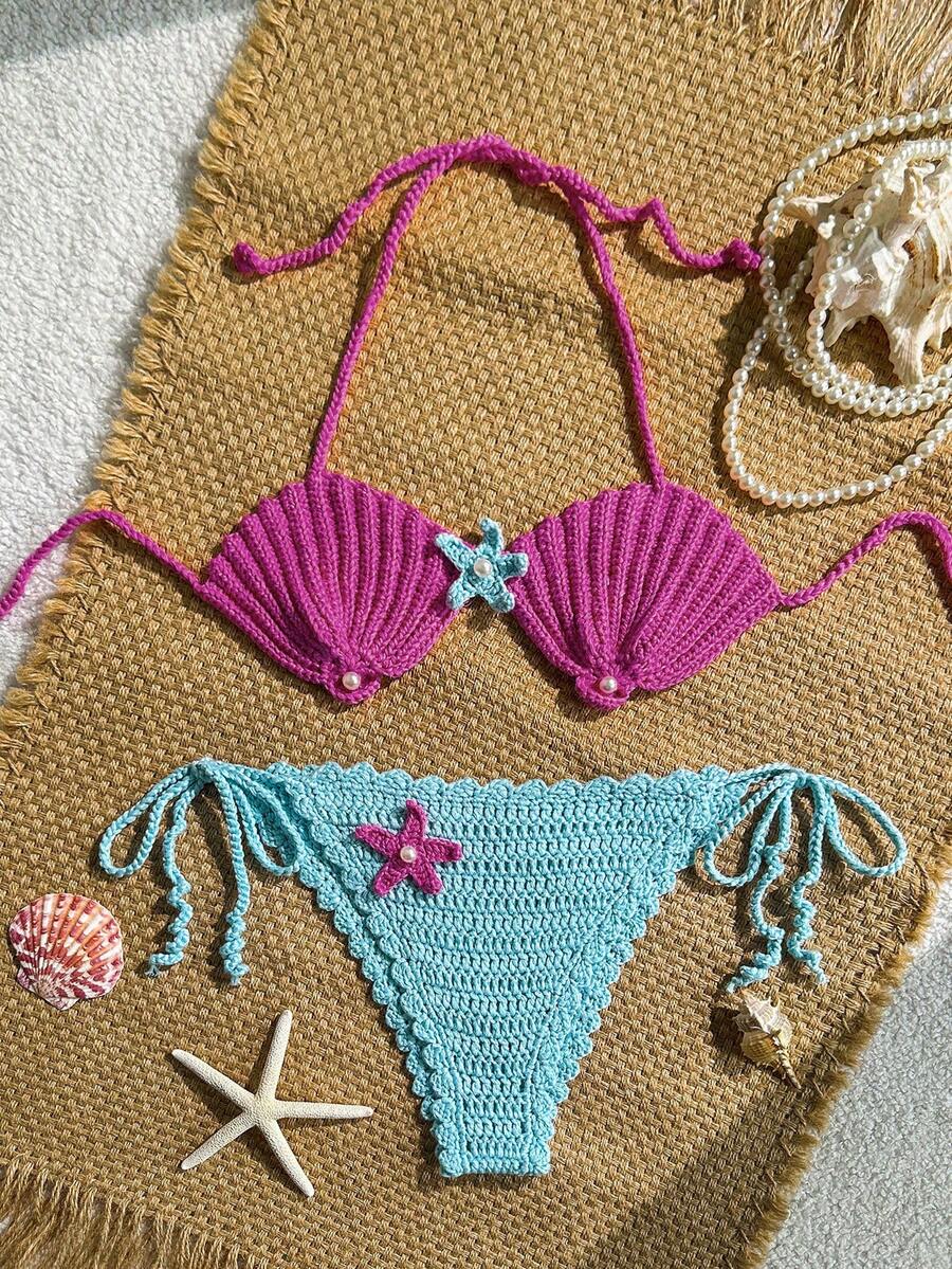 Swim Mod 2pcs/Set Women's Light Blue,Summer,Cute,Beach Vacation,Holiday,Holiday Crochet Starfish & Shell Pattern Spaghetti Strap Backless Bikini Cover Up Set - Purple - View 1