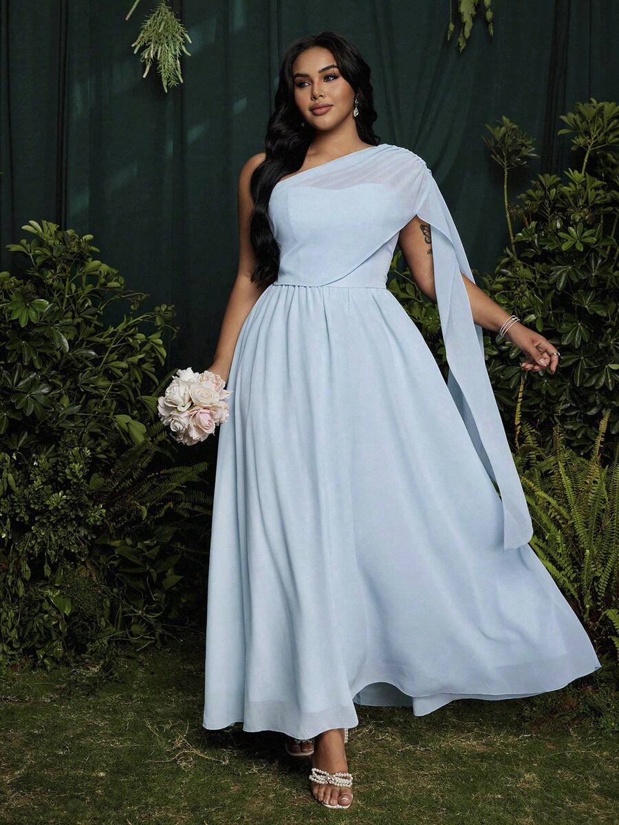 Roveilla 大码不对称雪纺优雅度假连衣裙，蓝色，春夏款