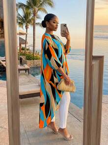 SHEIN Lady CURVE Spring And Summer Elegant Commuting Office Casual Boho Colorful Woven Round Neck High Low Quarter Sleeves Plus Size T-Shirts Blouses Tunic Tops - Orange - View 3