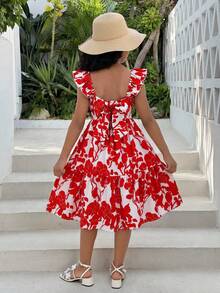 SHEIN 少女款碎花方领荷叶边蝴蝶结露背镂空连衣裙 - 紅色 - 查看 1