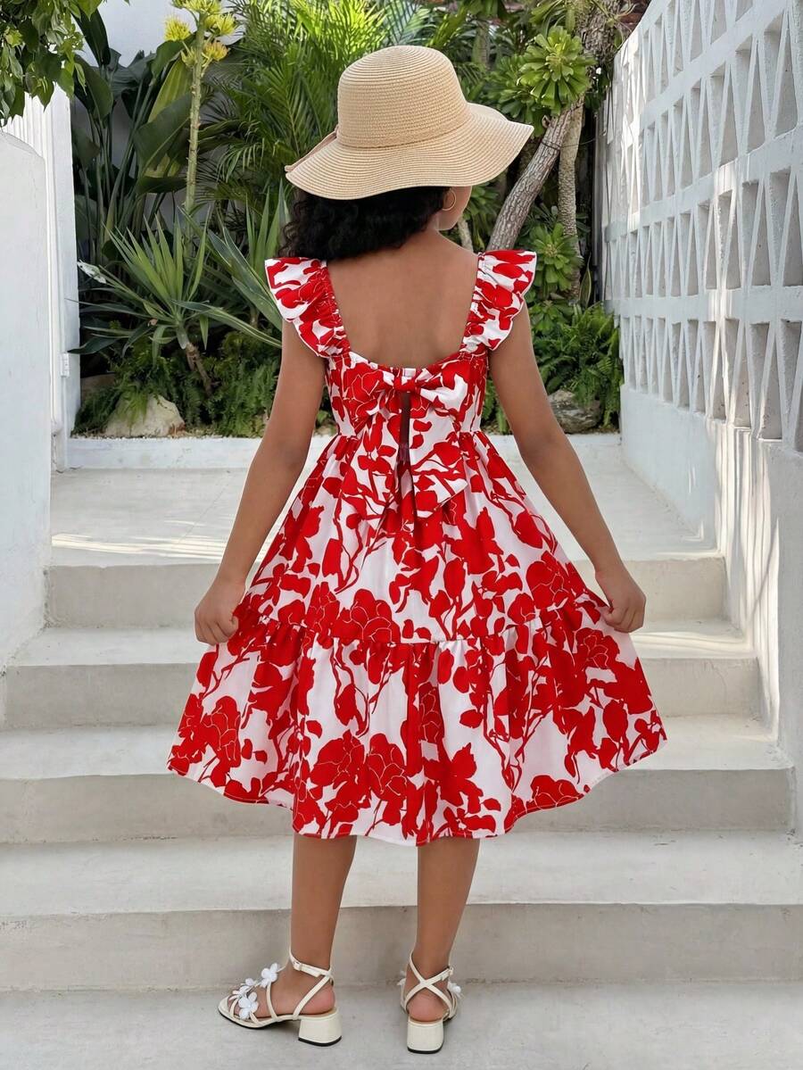 SHEIN 少女款碎花方领荷叶边蝴蝶结露背镂空连衣裙 - 紅色 - 查看 1