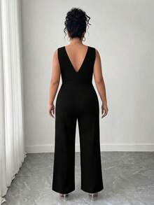 Elenzga Plus Size Solid Color Metal Decor Asymmetric Neckline Sleeveless Jumpsuit - Black - View 2
