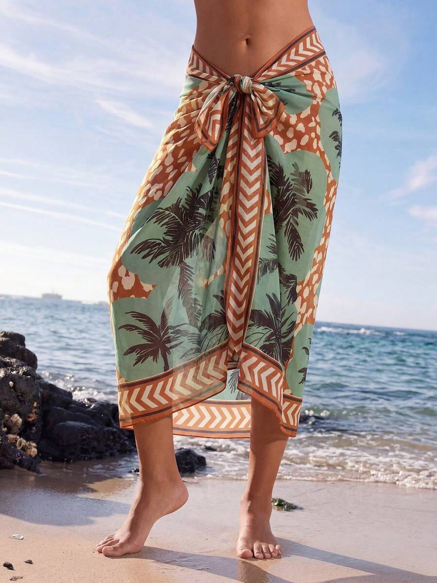 Swim Oasis Women's Spring/Summer New Coconut Tree Totem Print Mesh Beach Dress, Tropical Vibe, Suitable For Beach Party, Pool Party, Holiday Party, Casual Summer Beach Vacation - Multicolor - View 1