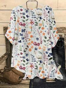 EMERY ROSE 印花休闲宽松圆领短袖衬衫，大码，适合夏季穿着，时尚百搭，花卉/度假/春季女式夏季上衣，大码印花衬衫，女士印花上衣，休闲春季上衣 - 彩色 - 查看 2