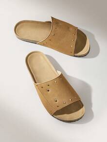 Solecia Neue Damen-Sandalen mit flacher Sohle, Slip-On-Hausschuhe, mattes PU-Material, einteilige Nietenverzierung, einfacher und bequemer Stil, vielseitiges Modell, geeignet zum Ausgehen, Einkaufen und Spazierengehen - Rostbraun - Übersicht 1