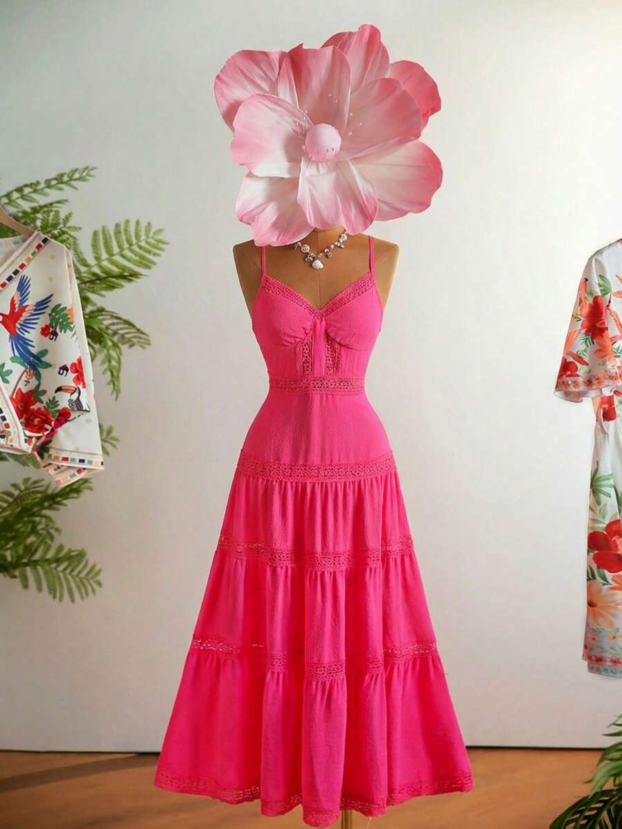 Travachic 女士荷叶边蕾丝吊带连衣裙，多层长款连衣裙，粉色蕾丝，夏季连衣裙，夏季穿搭，女士夏季连衣裙，女士优雅连衣裙，女士度假穿搭，节日连衣裙，女士复活节连衣裙 - 玫紅色 - 查看 1