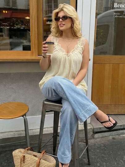 Dripcurv Plus-Size Women's Summer Cream Yellow Lace-Trimmed Top, Casual Vacation Top, Loose A-Line Silhouette.,Summer Outfits,Vacation Outfits Women,Summer Top, Summer Tops