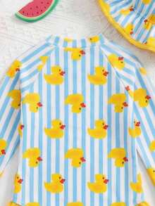 SHEIN 女婴休闲夏季可爱条纹小鸭图案长袖泳衣 - 彩色 - 查看 5