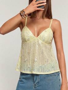 SHEIN BAE Áo hai dây màu vàng có họa tiết dành cho nữ, thích hợp cho đi biển, kỳ nghỉ, dạo phố, lễ hội âm nhạc, mùa xuân/hè. - Màu vàng - Xem 3