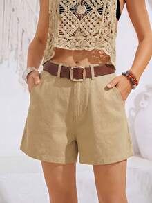 Anewsta Quần short dáng chữ A cạp cao màu kaki, kiểu dáng suông, ôm dáng, thích hợp mặc thường ngày cho nữ, mùa xuân/hè. - Màu Khaki - Xem 1