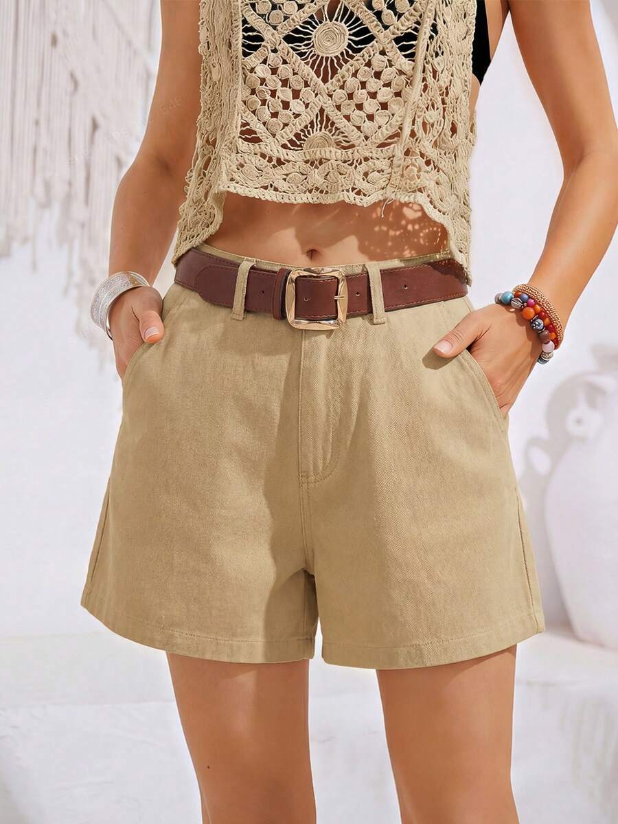 Anewsta Quần short dáng chữ A cạp cao màu kaki, kiểu dáng suông, ôm dáng, thích hợp mặc thường ngày cho nữ, mùa xuân/hè. - Màu Khaki - Xem 1