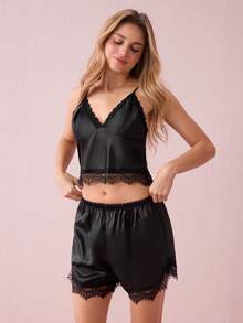 Bonmuse 蕾丝边缎面吊带背心和短裤睡衣套装/睡衣套装 - 黑色 - 查看 4