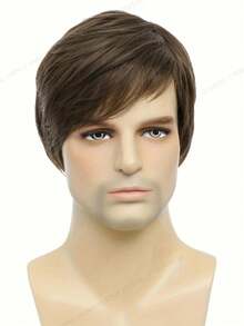 1pc6inch European & American Style Men's Fashion Short Brown Side-Parted Straight Synthetic Hair Wig - Multicolor - View 1
