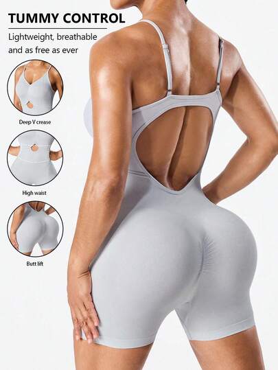 Women's Seamless Gray Sports Jumpsuit, Backless Hollow-Out Design, Suitable For Outdoor Exercise, Fitness, Running, Yoga