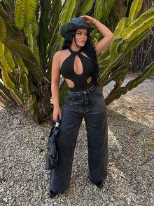 SHEIN SXY 性感黑色镂空夜店连体衣 - 黑色 - 查看 1