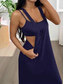 SHEIN EZwear Women's Asymmetric Neckline Sleeveless Casual Dress, Summer Dress With Built-In Bra, Navy Blue Vacation Dress, Navy Blue Summer Dress, Casual Navy Blue Dress - Navy Blue - View 1