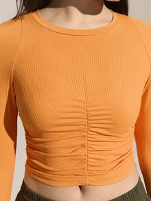 Exploreva Exploreva Women's Solid Color Round Neck Long Sleeve Pleated Slim Fit Outdoor T-Shirt,Orange Summer Athletic Sports Workout Activewear Tight Fitted Crop Top - Orange - View 3