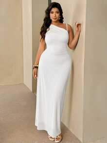 Auralis 大码女式优雅简约时尚基础款连衣裙，适合办公室、通勤、音乐节、海滩度假等场合，浅黄色薄纱无袖不规则领口褶皱修身连衣裙 - 白色 - 查看 6