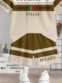 SHEIN Young Boy Casual Simple T-Shirt Set, Classic Italian Milan Text Graphic Print, Striped Pattern Print - Multicolor - View 4