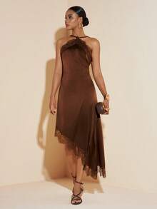 Zivah 2026 Spring/Summer New Music Festival, Easter, St. Patrick's Day, Valentine's Day, Date, Western, Nomadic, Birthday Party, Graduation, College, Student, Daily Casual, Basic Versatile, Leisure, Cruise Travel, Beach, Sunbathing, Viral , Streetwear, Wedding Guest, Commute, Brunch, Airport, Party, Holiday Outing, Office Wear, Spaghetti Strap Sleeveless Camisole Asymmetric Hem Long Lace Brown Satin Shiny Backless Dress - Brown - View 4