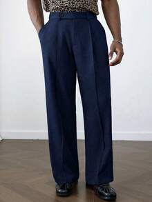 HUEFORM Men's Anti-Wrinkle Solid Color Loose Drape Casual Wide Leg Pants - Navy Blue - View 3