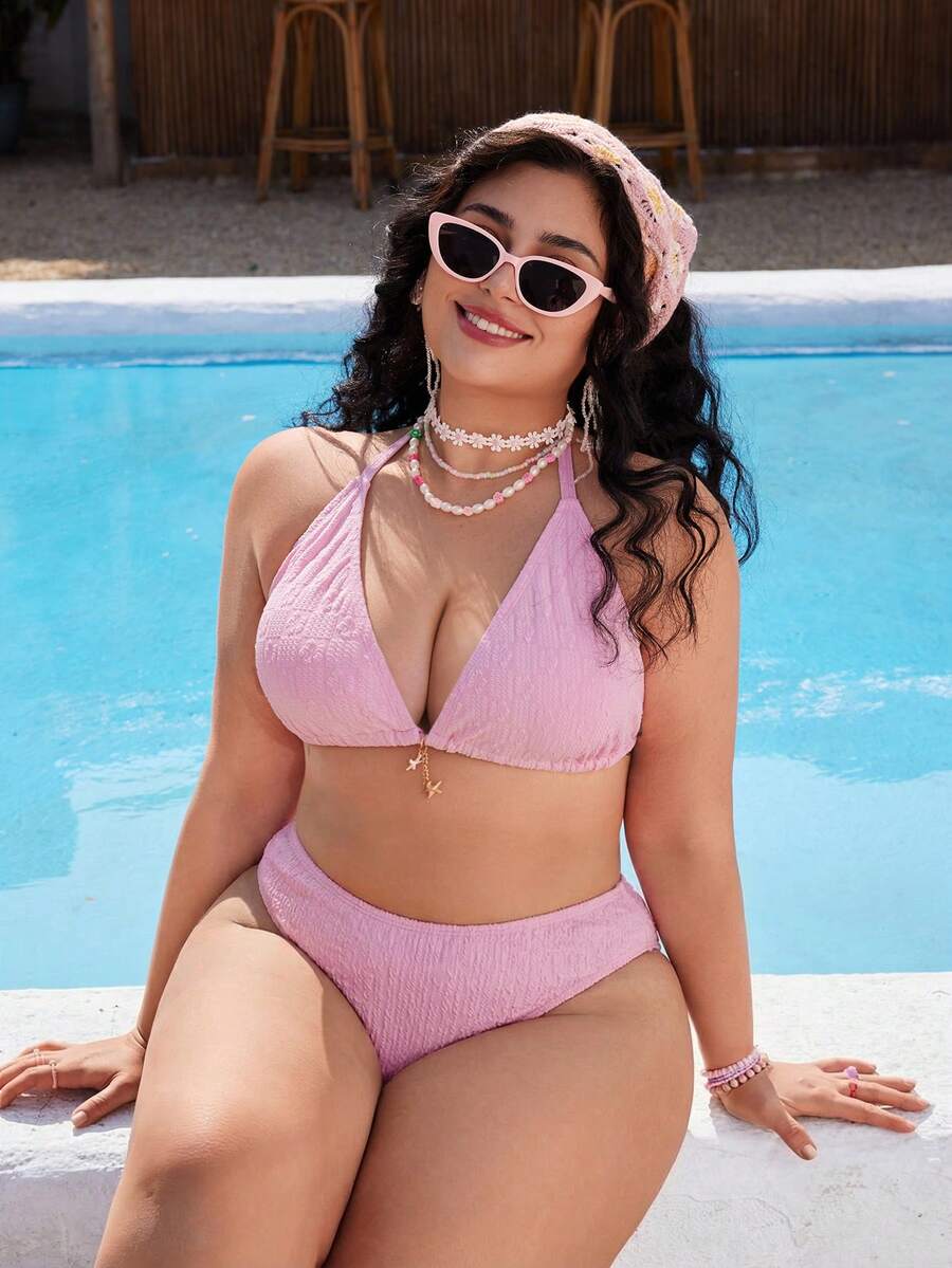 Swim Mod Top de bikini de talla grande para mujer de unicolor con decoración metálica y espalda descubierta - Rosa - Ver 1