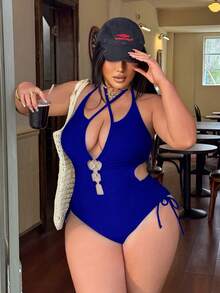 Swim SXY 大码女式纯色镂空露背系带腰部金属装饰侧抽绳性感连体泳衣 - 藍色 - 查看 4