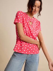 LOTSLUV Women's Red Star Print Casual T-Shirt With Heart Cutout Detail, Spring/Summer, Star Print Top, Heart Cutout Top, Red Star Top, Womens Tops, Short Sleeve Top - Hot Pink - View 4