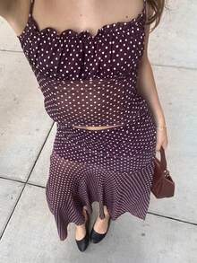 Serisse Women's Polka Dot Camisole And Fitted Skirt 2 Pieces Set, Summer - Red Violet - View 7