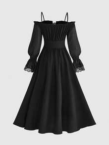 ROMWE Gothic Style Off-Shoulder High Slit Sheer Sleeve Dress For Women, Country - Black - View 2