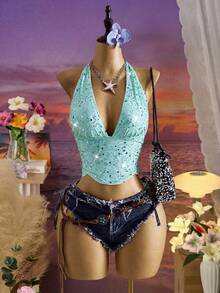 Femesol 女士性感绿色串珠露背V领吊带背心，适合海滩、度假、街头穿着，春夏皆宜 - 綠色 - 查看 1