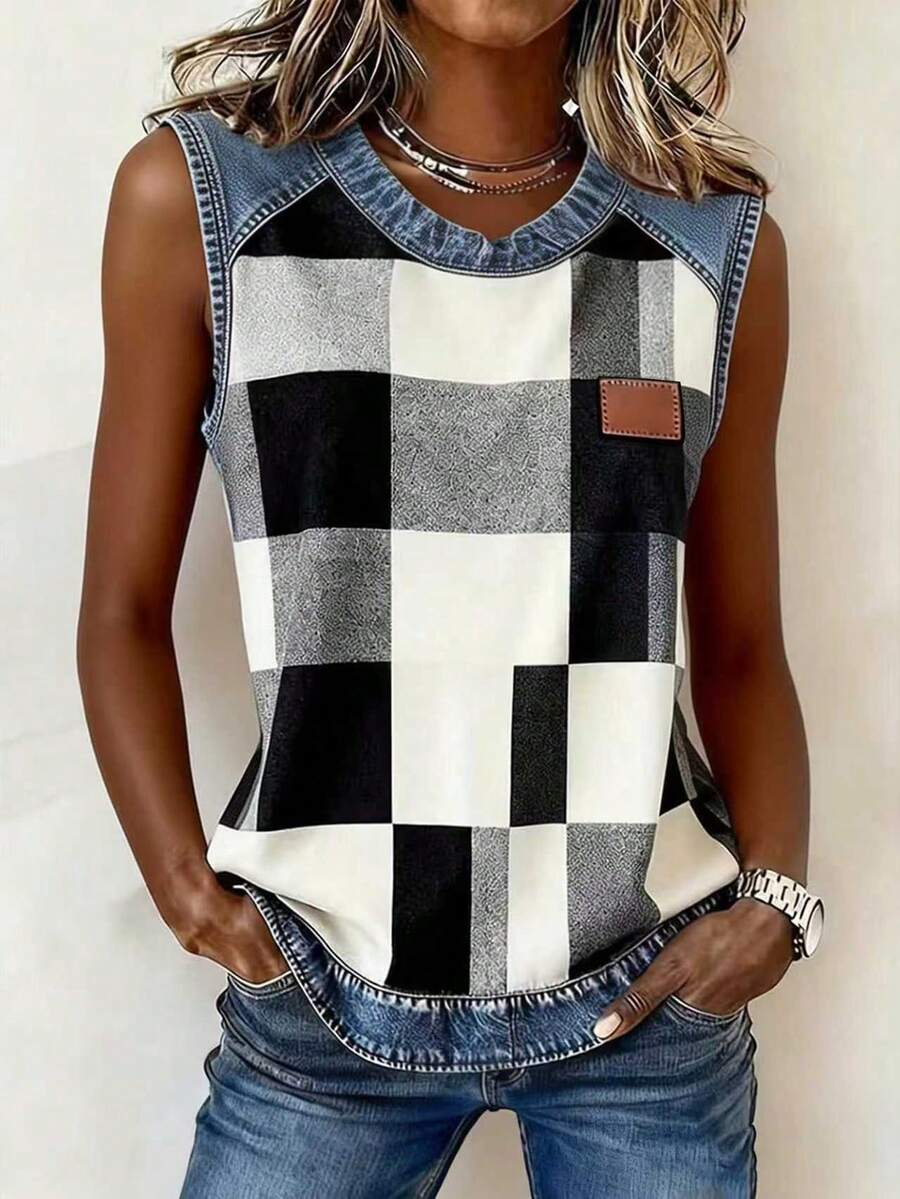EMERY ROSE Damen Karomuster Rundhals Casual vielseitiges Trägershirt - Verschiedenfarbig - Übersicht 1