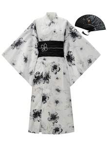 Irokai 日本女性传统花卉印花和服浴衣 - 黑與白 - 查看 3