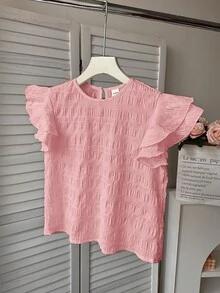 Teen Girls Pink Textured Woven Blouse,Round Neck,Ruched Ruffled Trim Flutter Sleeves,Cute Summer Party Casual French Elegant Back To School Tops - Pink - View 5