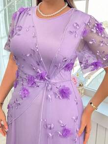 SHEIN CURVE+ 大码女士优雅圆领刺绣拼接针织弹力连衣裙 - 紫色 - 查看 7