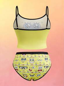 SpongeBob SquarePants | SHEIN 大码女式两件套内衣套装，吊带背心和内裤，可爱动漫系列 - 黃色 - 查看 2
