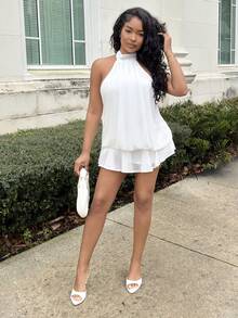 Alexandranx Robe mini élégante à col ras-du-cou jaune clair pour femmes, robes blanches pour femmes pour soirée - Blanc - Voir 6