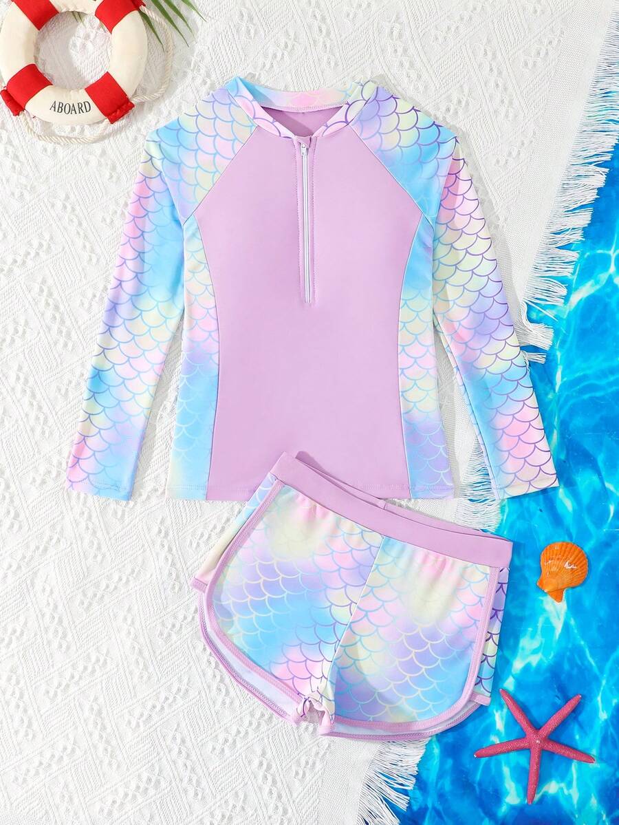 Tween Girls' Spaghetti Strap Bikini Top, Mermaid Scale Print, Fashionable & Cute With Zipper, Suitable For Vacation, Unlock Summer Style Mermaid Clothes For Girls Girls Mermaid Swimwear Girls Rashguard Girls Swimsuit Long Sleeve Tween Girl Rashguard Girls Bathing Suit With Sun Shirt Girls Long Sleeve Rashguard Girls Mermaid Summer Clothes Girls Two Piece Rashguard Girls Rash Guard Swimsuit Youth Girl Swimsuit Junior Girls Modest Swimsuit Teen Girl Swimsuit With Rashguard Kids Long Sleeve Rashguard Girl Rashguard Swimsuit Girls Two Piece Rashguard Girls Swim Shorts Set Girls Rashguard Set - Multicolor - View 1