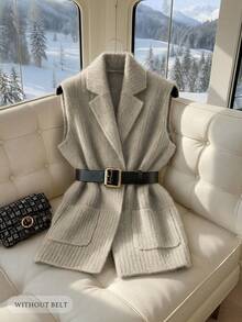 SHEIN PETITE 女士优雅休闲V领带口袋针织开衫背心，不含腰带 - 灰色 - 查看 1