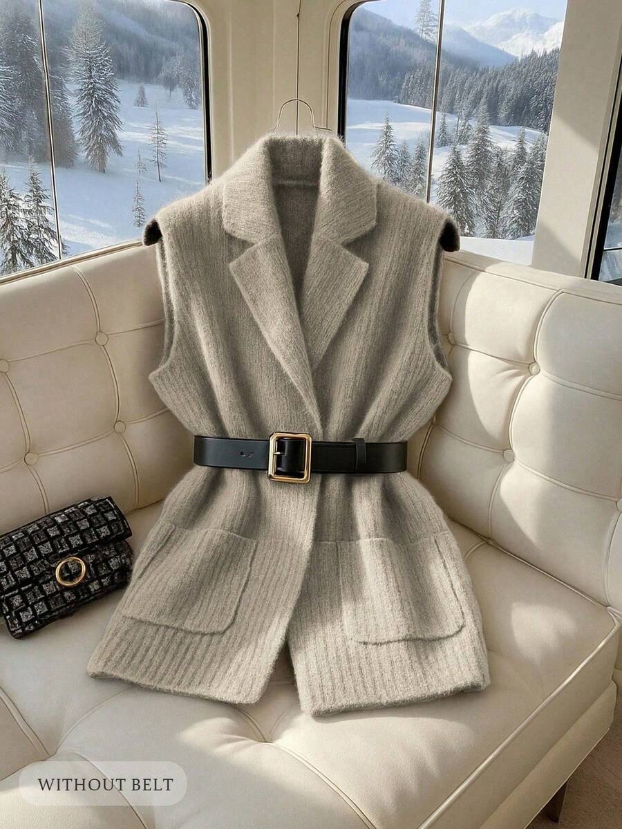 SHEIN PETITE 女士优雅休闲V领带口袋针织开衫背心，不含腰带 - 灰色 - 查看 1