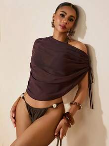 Zivah 2026 女士度假休闲沙滩薄纱雪纺侧边抽绳褶皱罩衫 - 棕色 - 查看 5