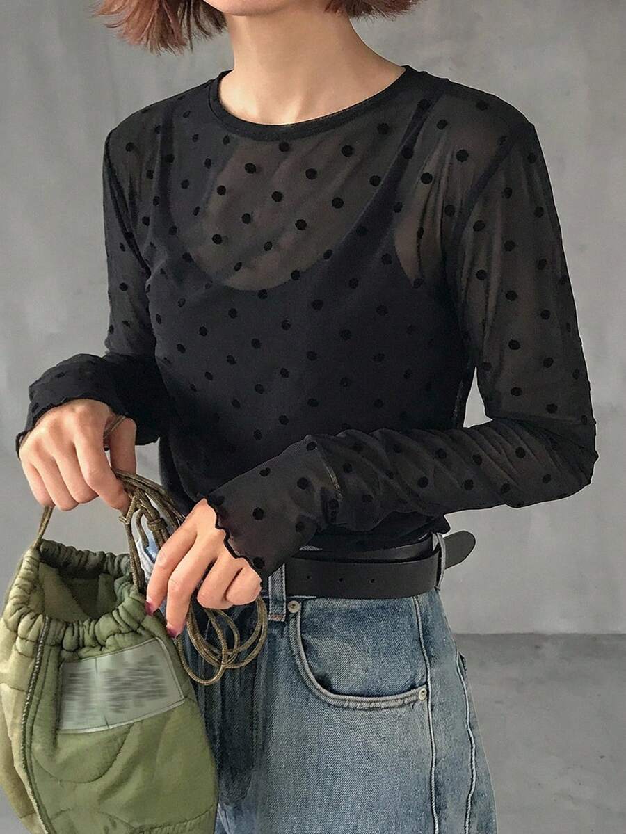 FRIFUL 女士波点印花网纱长袖休闲衬衫 - 黑色 - 查看 1
