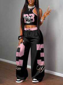 Slaydiva 2 piezas Conjunto de mujer de estilo casual de calle con camiseta ajustada y pantalones anchos de pierna ancha, adecuado para usar en la calle - Multicolor - Ver 3