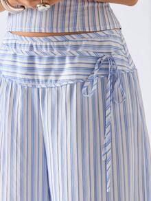 LYSMO 2026 New Arrive Minimalism Spring/Summer Women Striped Cropped Halter Top And Wide Leg Pants Casual 2 Pieces Set Two Piece Pant Set Summer Pant Set Striped Two Piece Set Striped Pant Set Summer 2 Piece Sets Woman - Blue - View 7