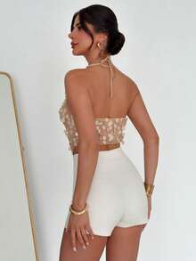 Firerie 女士优雅精致浪漫海滩度假音乐节派对生日婚礼宾客V领不规则下摆系带露背亮片卡其色上衣，春夏款 - 卡其色 - 查看 5